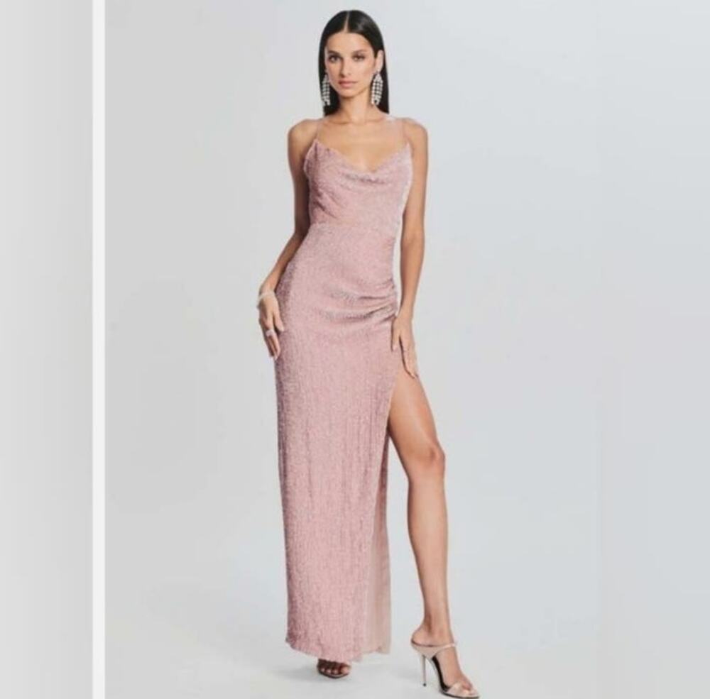 Retrofete Katya Dress in Dusty Peach XL Maxi Sequins Cowl Neck Sleeveless NWT